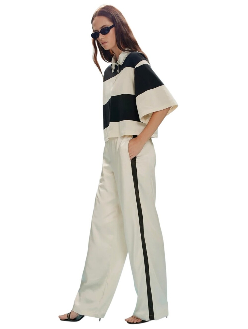 Sanctuary Satin Track Pants XS Ivory Black Stripe Relaxed Straight Sporty Luxe
